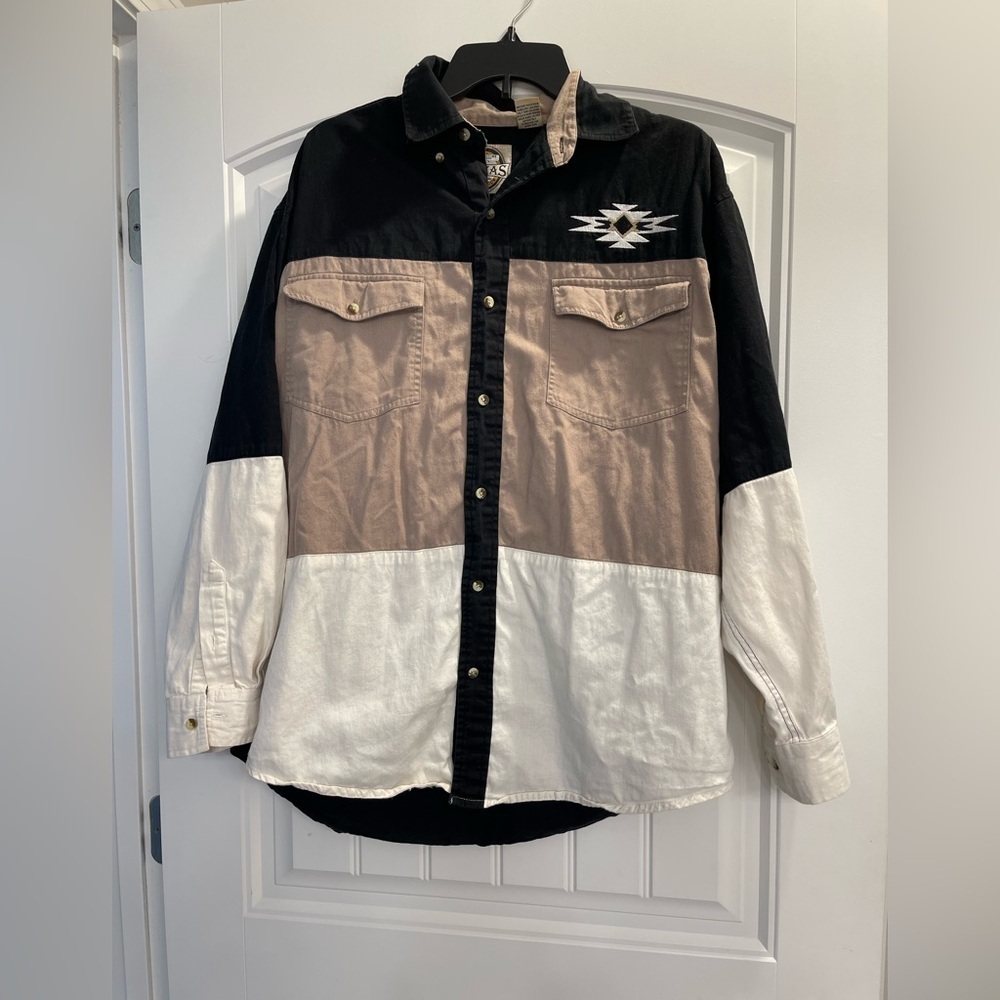 Western Rodeo Denim Shirt Men's large color block Cowboy Style Button Down Aztec